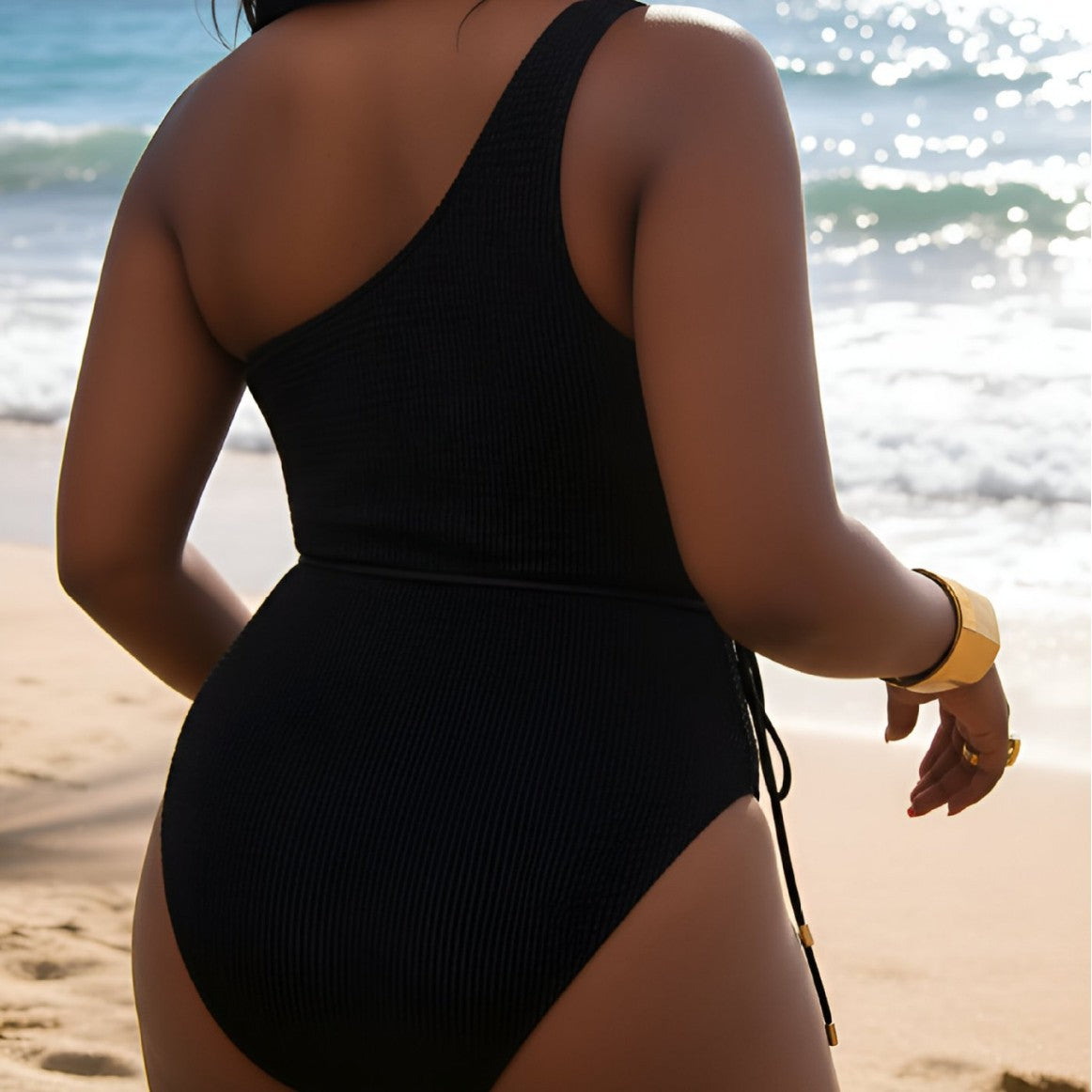 Solid color single shoulder waist tie one-piece slim fit one-piece swimsuit