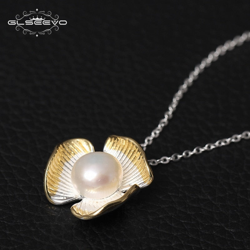 GLSEEVO 925 Sterling Silver Natural White Pearl Pendant Necklace Three Lerf Link Chain Necklace Kolye Bayan Bijoux Femme GN0011