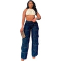 Women's Straight Leg Jeans High-Waisted Cargo Pants with Multiple Pockets and Topstitching Street Fashion Style