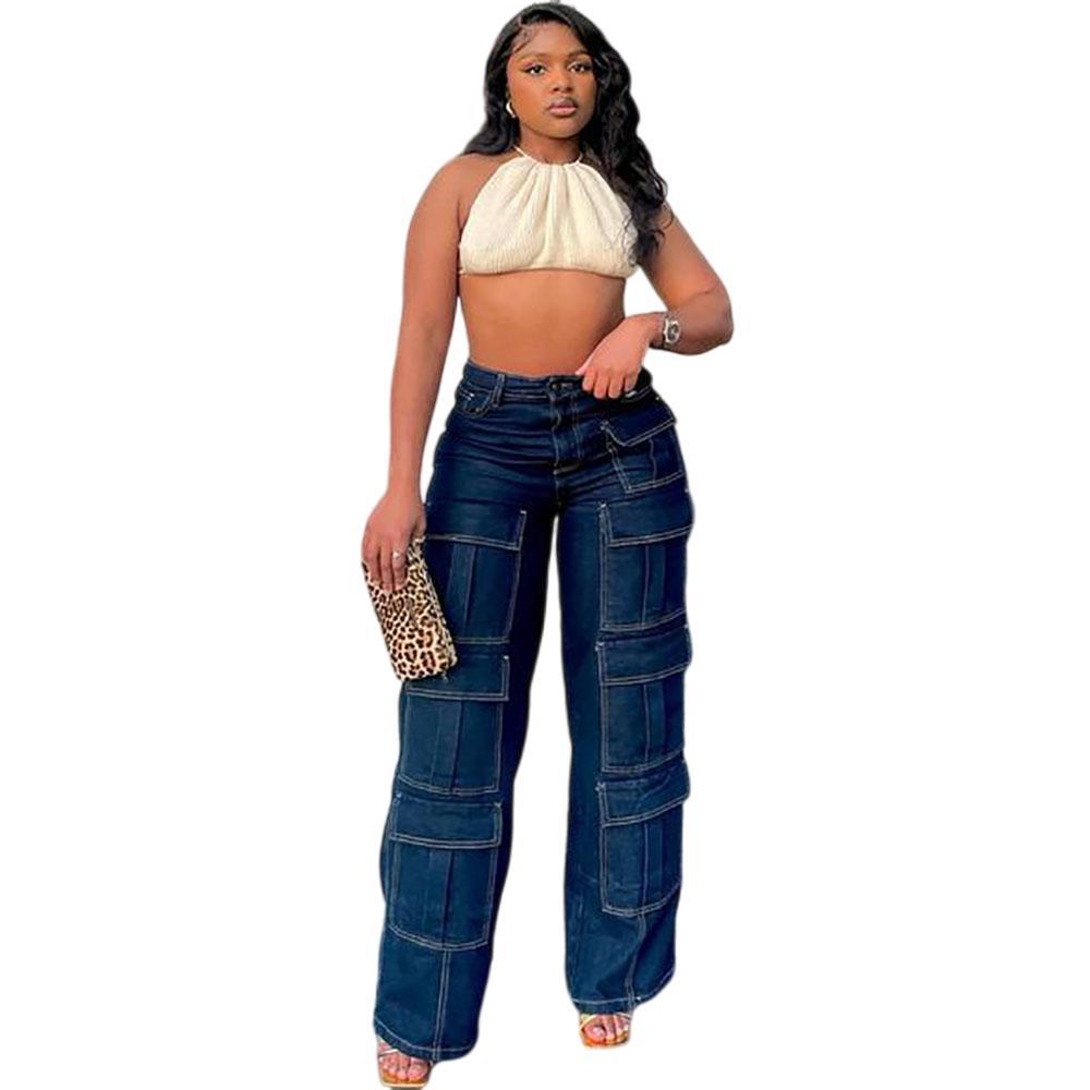 Women's Straight Leg Jeans High-Waisted Cargo Pants with Multiple Pockets and Topstitching Street Fashion Style