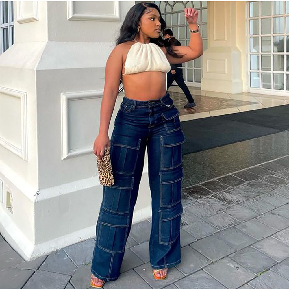 Women's Straight Leg Jeans High-Waisted Cargo Pants with Multiple Pockets and Topstitching Street Fashion Style