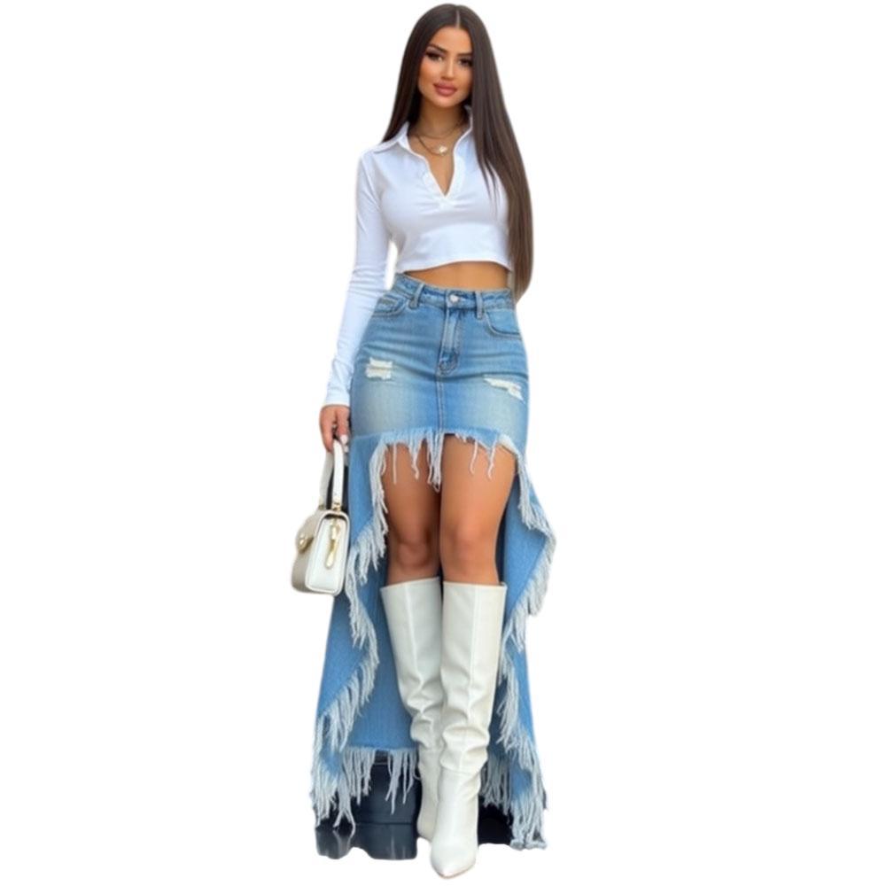 Jupe longue denim asymétrique frangée fendue femme