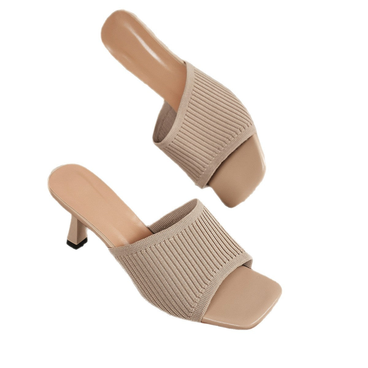 European and American Style Women's Large Size High Heel Sandals Pure Color Thick Heel Square Toe Knitted Wide Strap One-Word Sandals