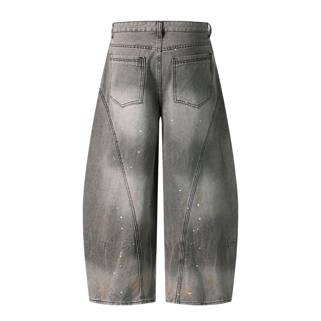 Heavy Wash Gradient Splatter Denim Pants Loose Wide Leg Patchwork Cut Versatile Long Pants