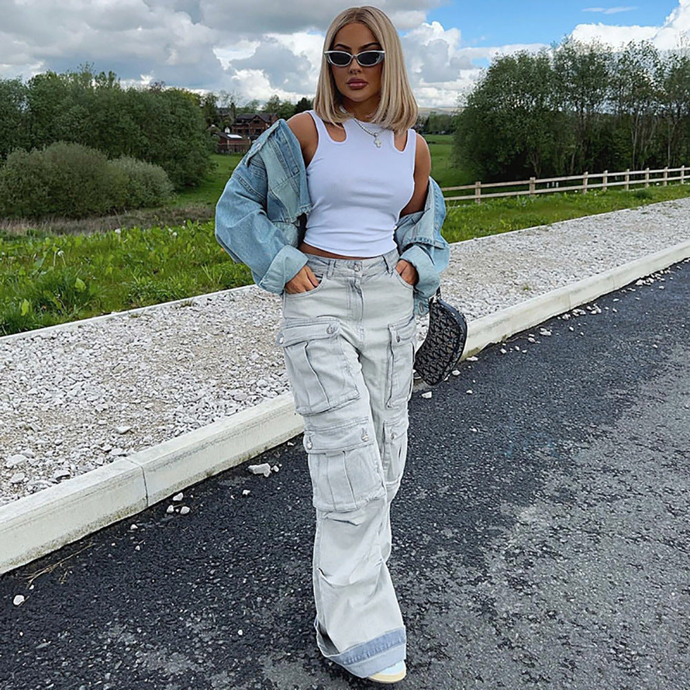 Straight-leg  women's jeans, vintage fashion multi-pocket floor-length cargo denim pants