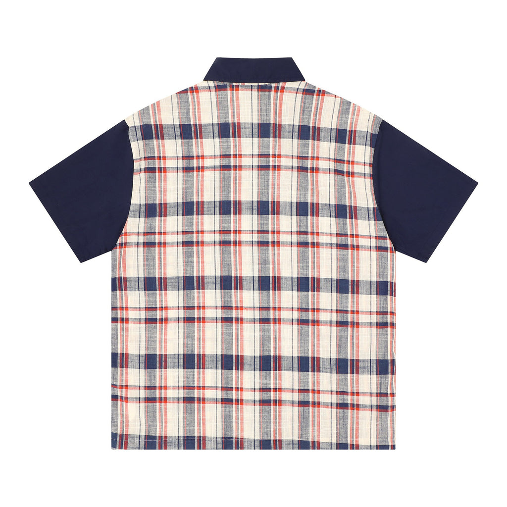 Alphabet Embroidered Checkered Splicing Short Sleeve