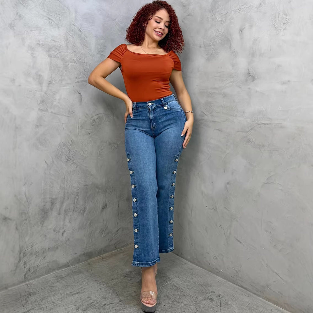 Women's Flared Jeans, Street Fashion Side Button Washed High Waist Casual Pants