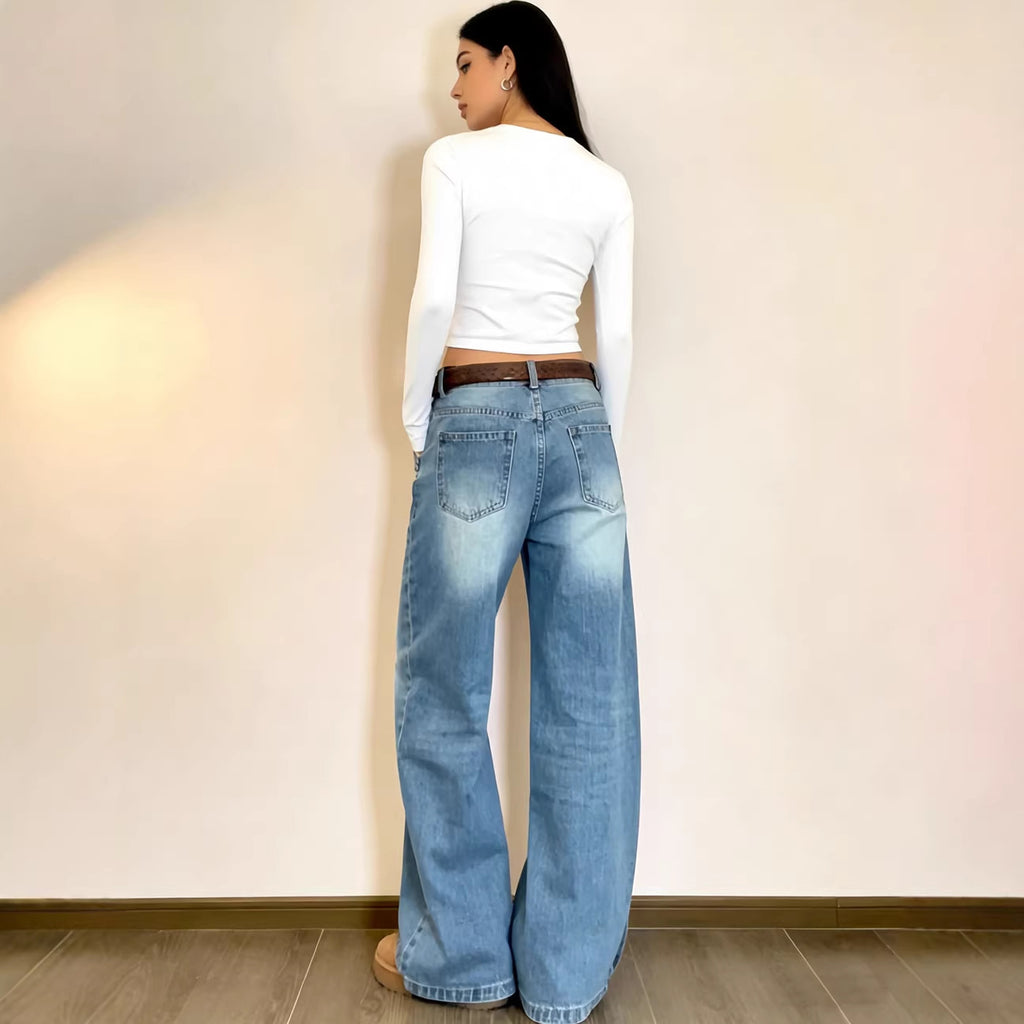 Casual Women's Denim Pants Fashion Washed Asymmetrical Design Straight Leg Jeans