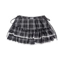 Black and White Checkered Multi-Layer Lace Skirt for Women, Side Tie Slimming Short Skirt