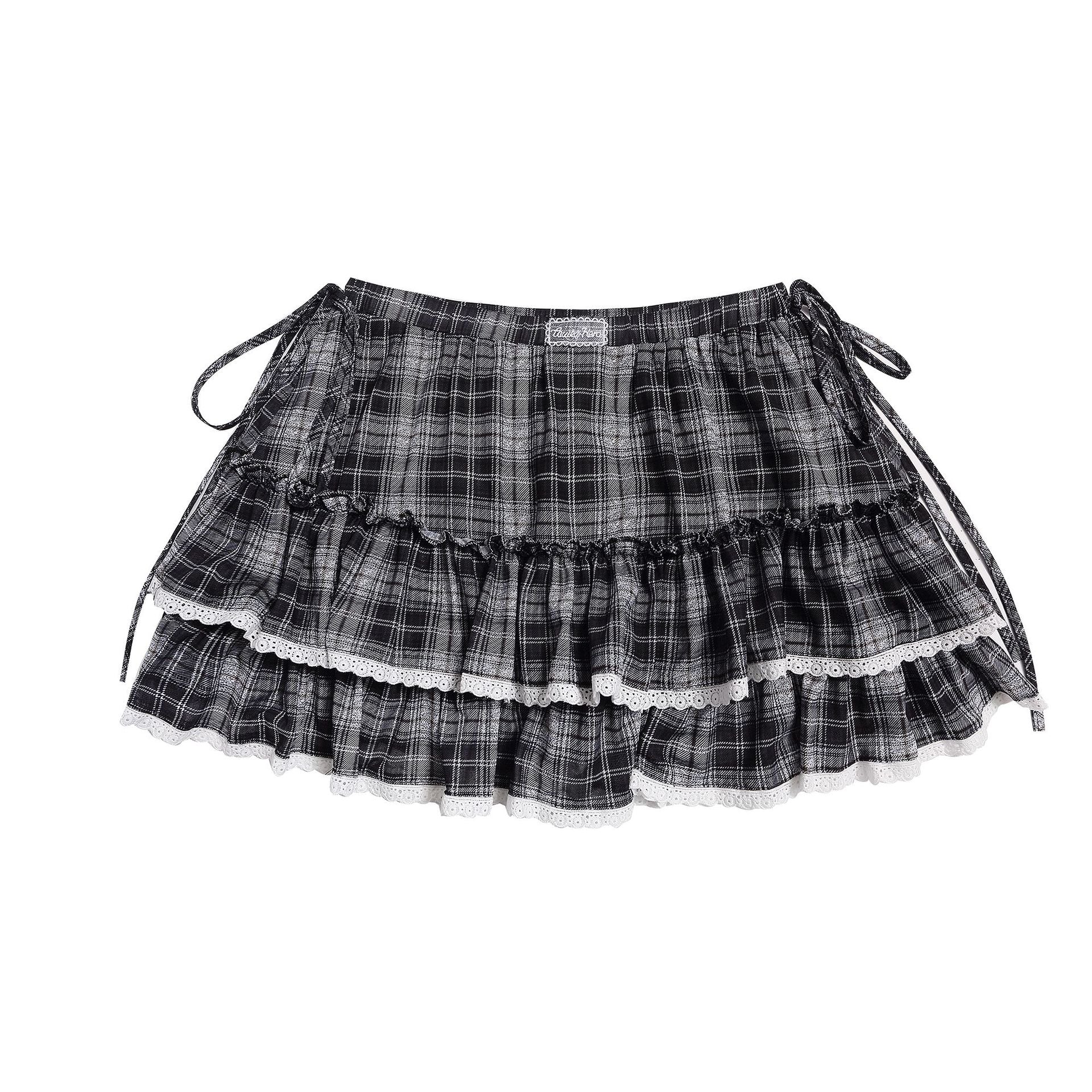 Black and White Checkered Multi-Layer Lace Skirt for Women, Side Tie Slimming Short Skirt