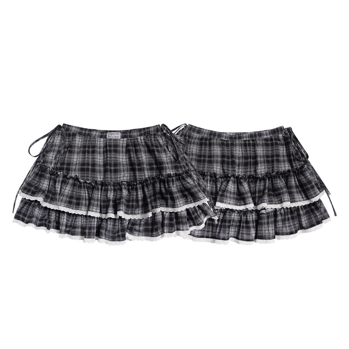 Black and White Checkered Multi-Layer Lace Skirt for Women, Side Tie Slimming Short Skirt