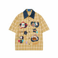 Cat Embroidered Yellow Grid Short Sleeve