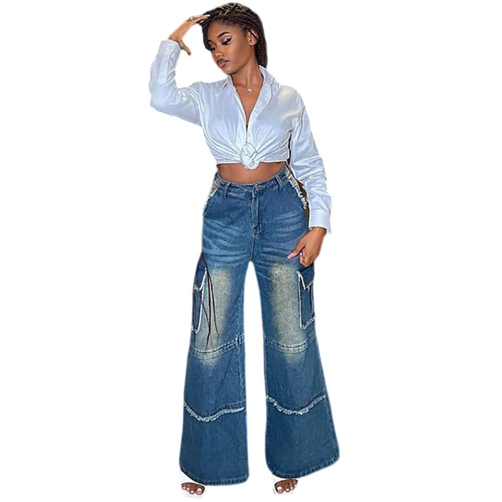 Straight-leg denim pants for women high-waisted wide-leg retro washed stylefashion casual jeans