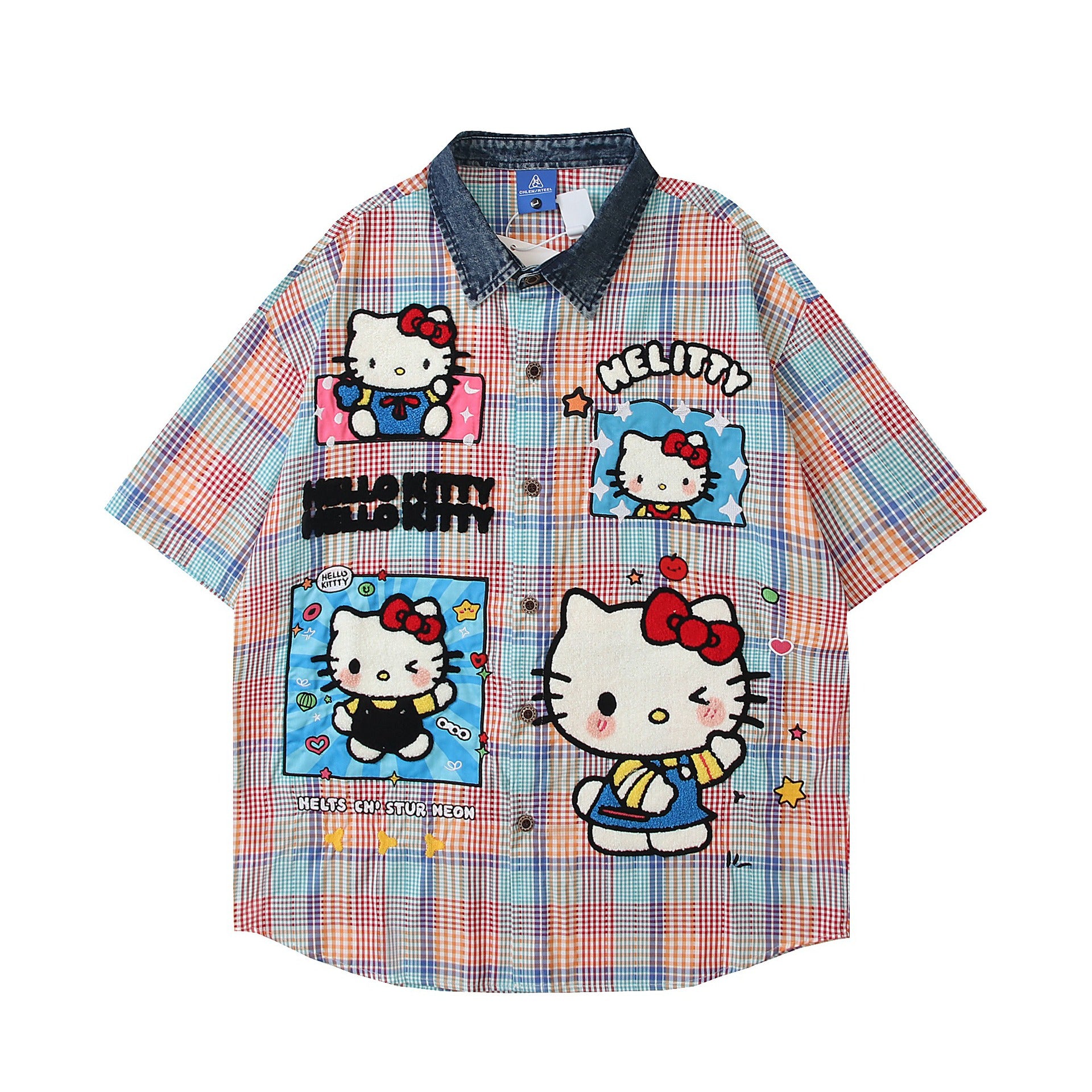 Kitty plaid embroidered short sleeved shirt