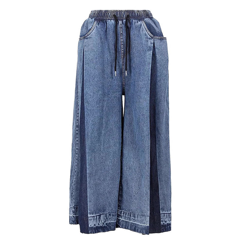 Jean large color-block élastique plissé crop femme