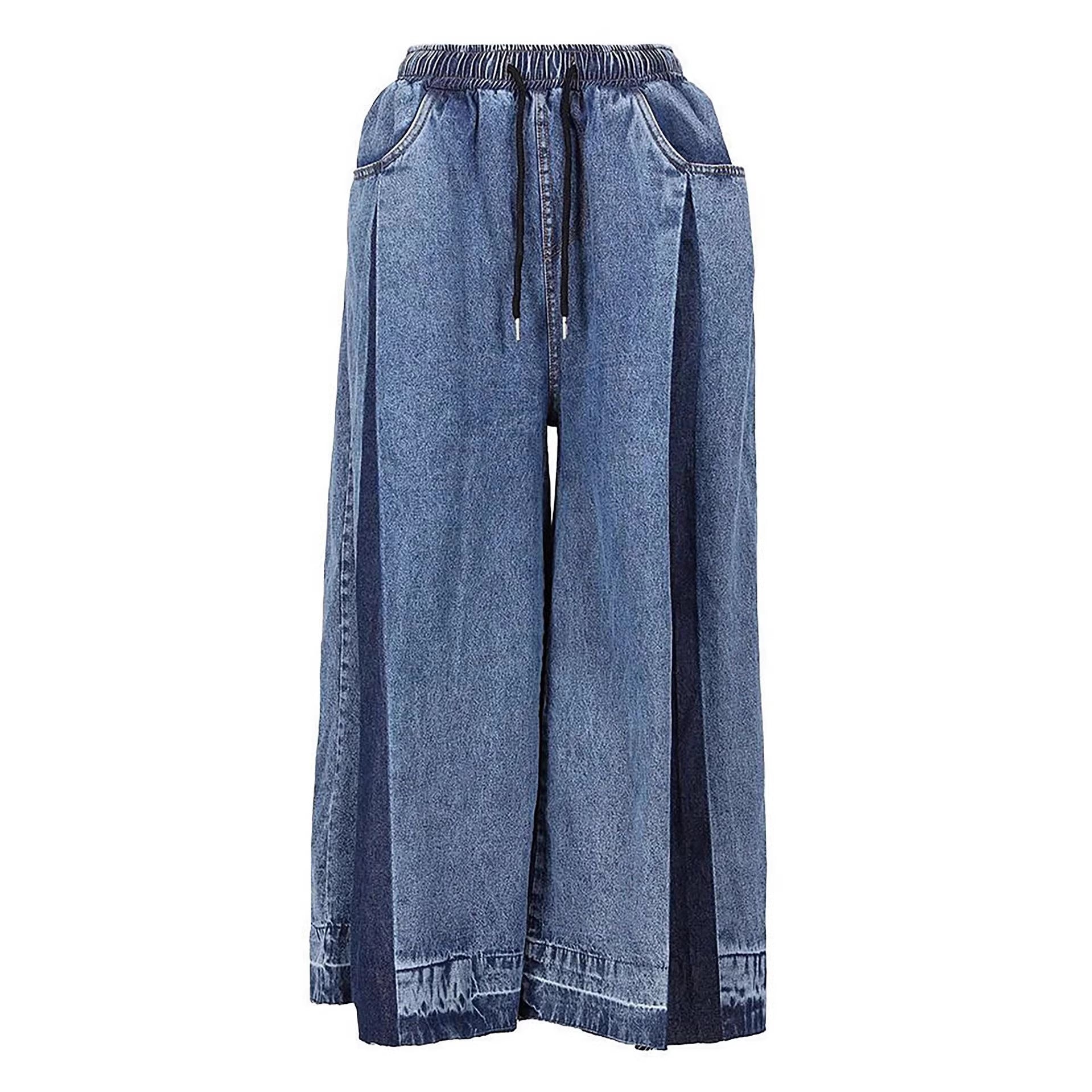 Jean large color-block élastique plissé crop femme