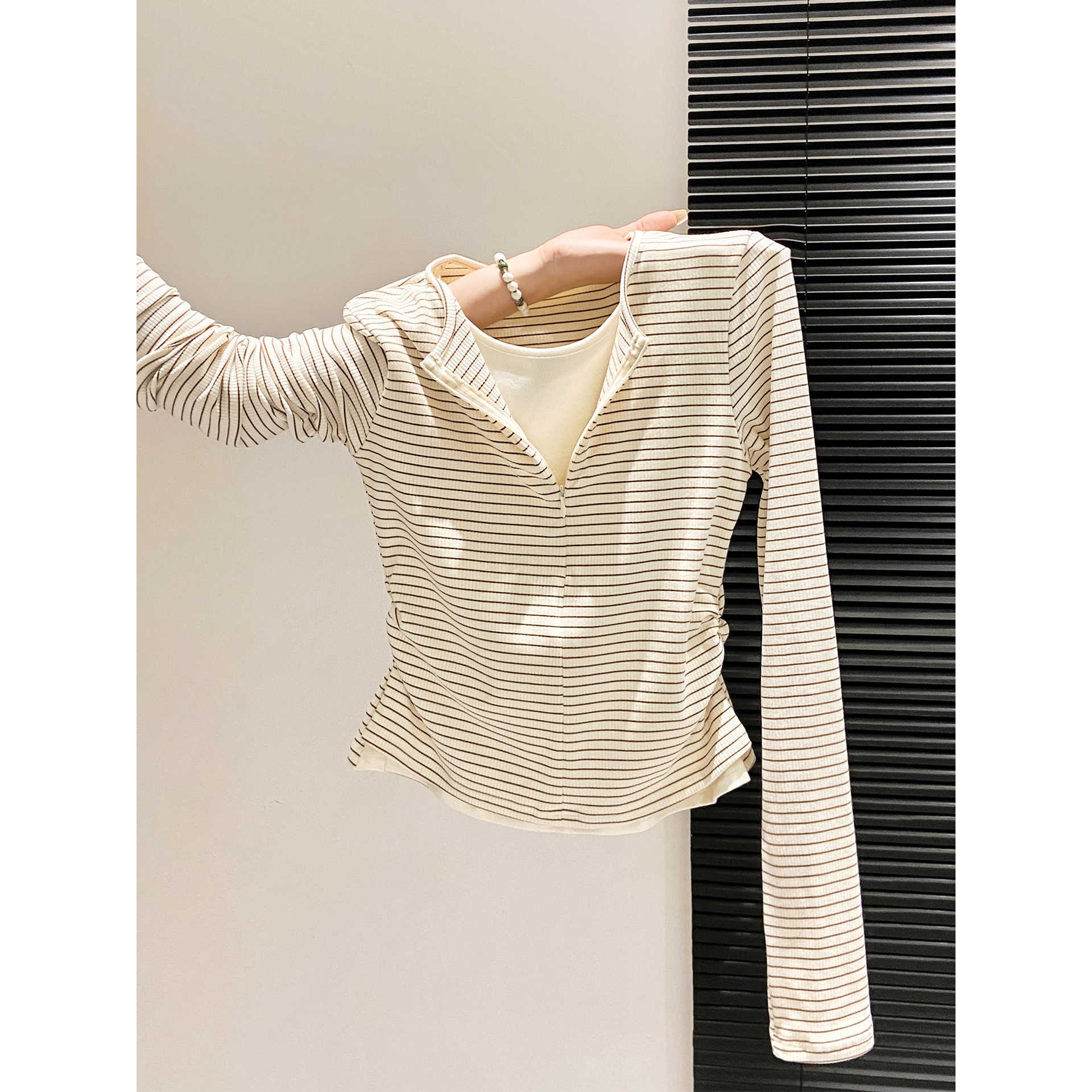 Slim Fit Pleated Mock Two-Piece Long Sleeve T-Shirt
