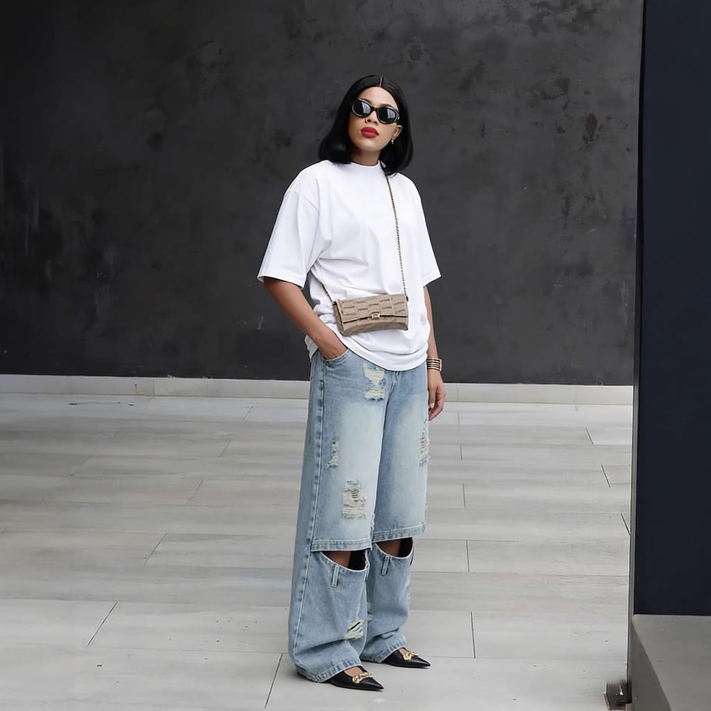 Street Style Ripped Knee Distressed Light Wash Denim Jeans
