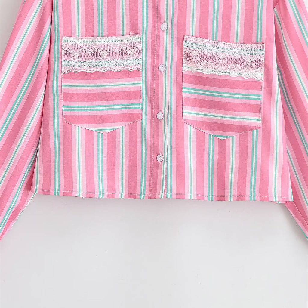 Chemise rose courte rayée détail dentelle femme