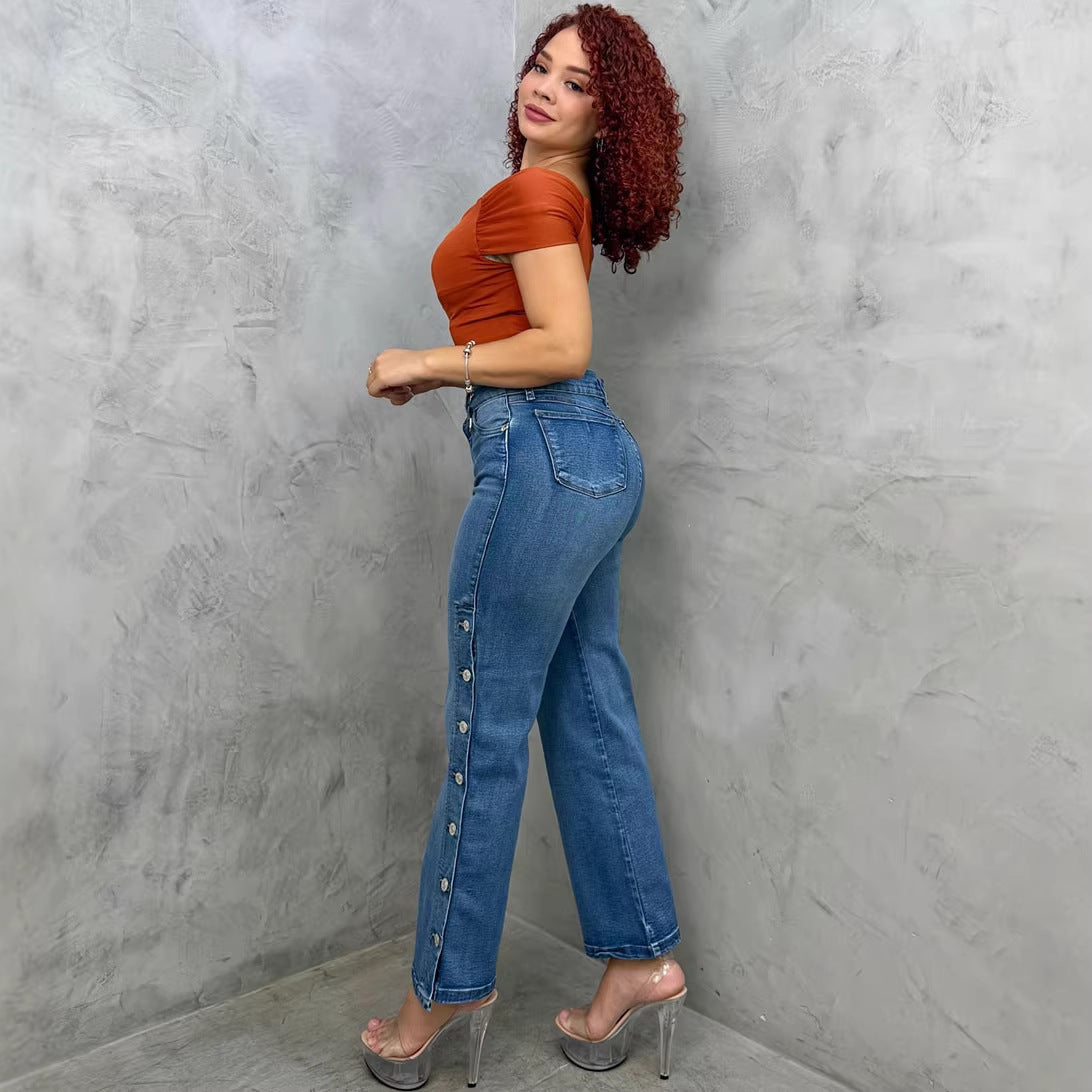 Women's Flared Jeans, Street Fashion Side Button Washed High Waist Casual Pants