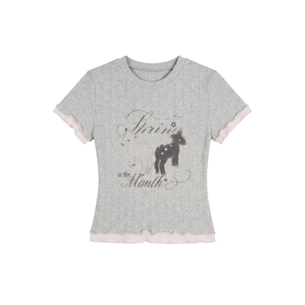 Regular Shoulder Short Sleeve T-Shirt for Women, Two-Piece Look, Fitted Crop Top