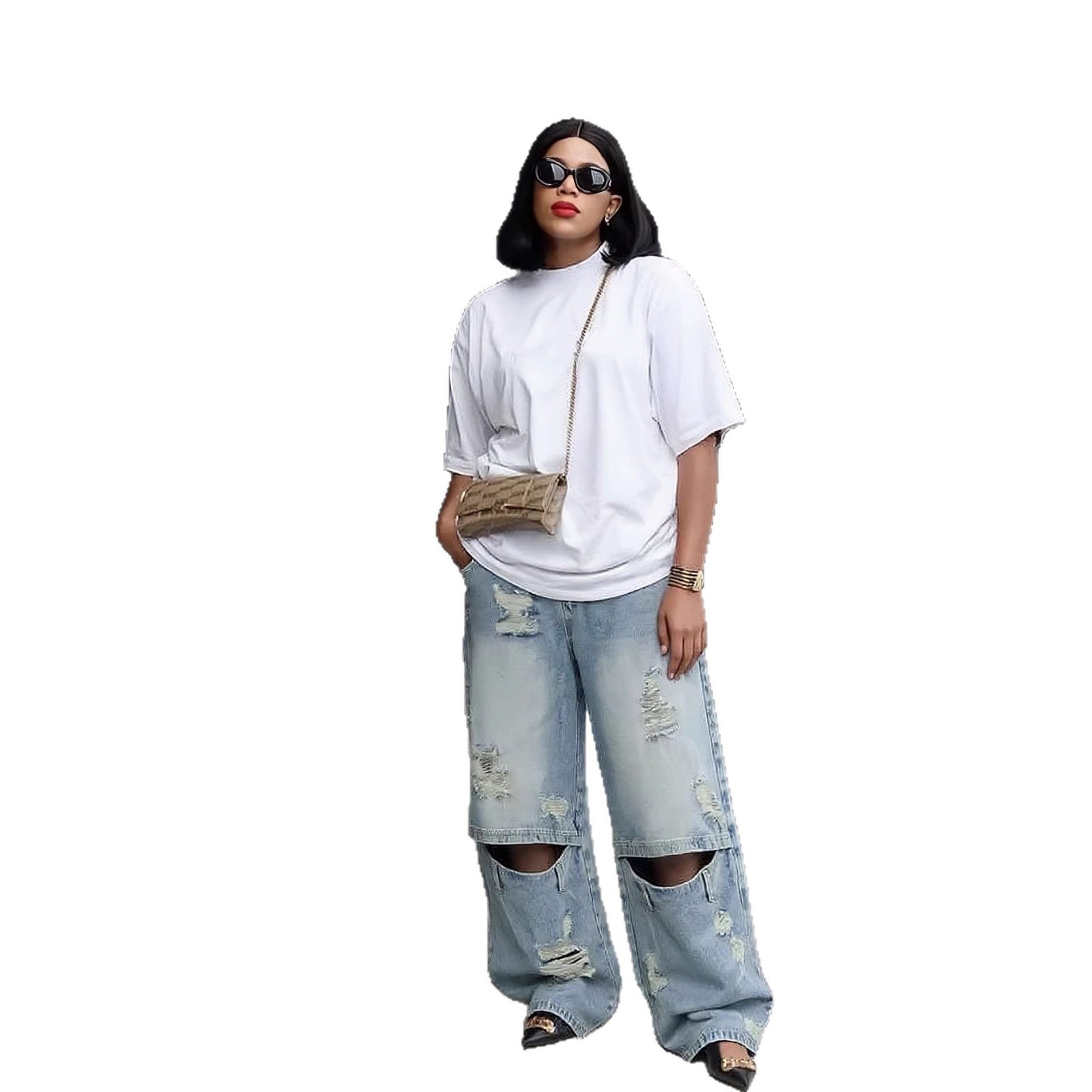 Street Style Ripped Knee Distressed Light Wash Denim Jeans