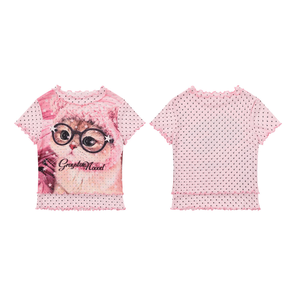 Sweet Style Cartoon Graffiti T-Shirt Color-Blocked Grid Ruffle Fitted Top