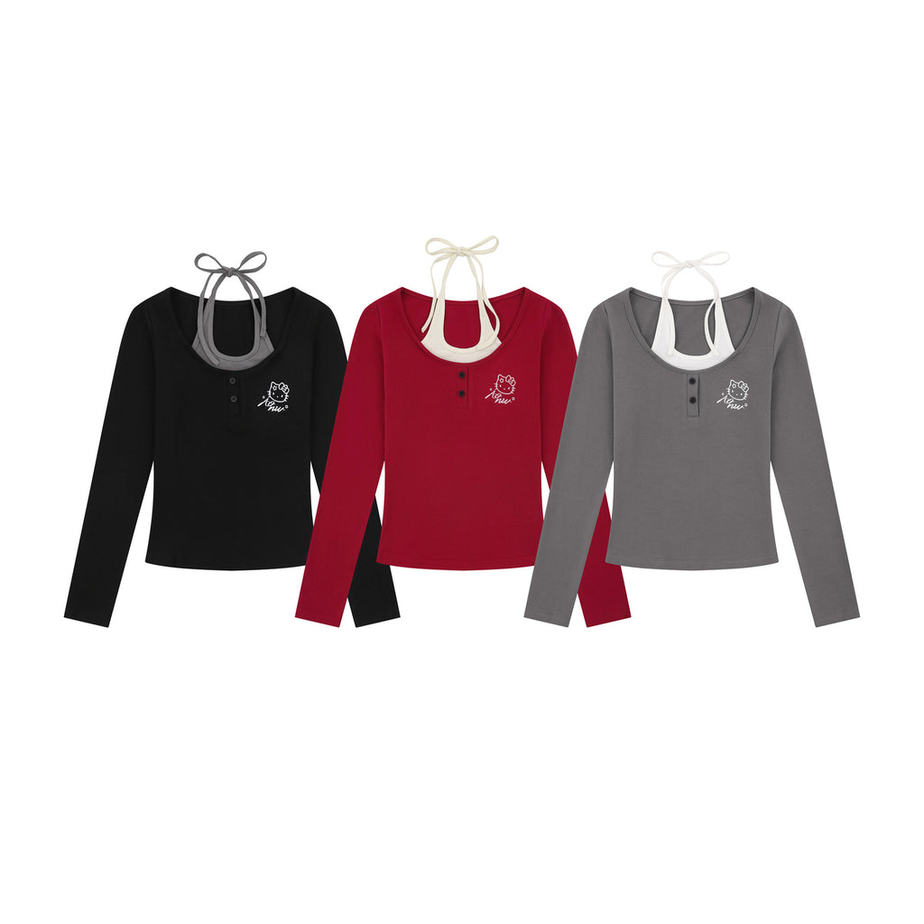 Top manches longues faux deux pièces nœud col femme