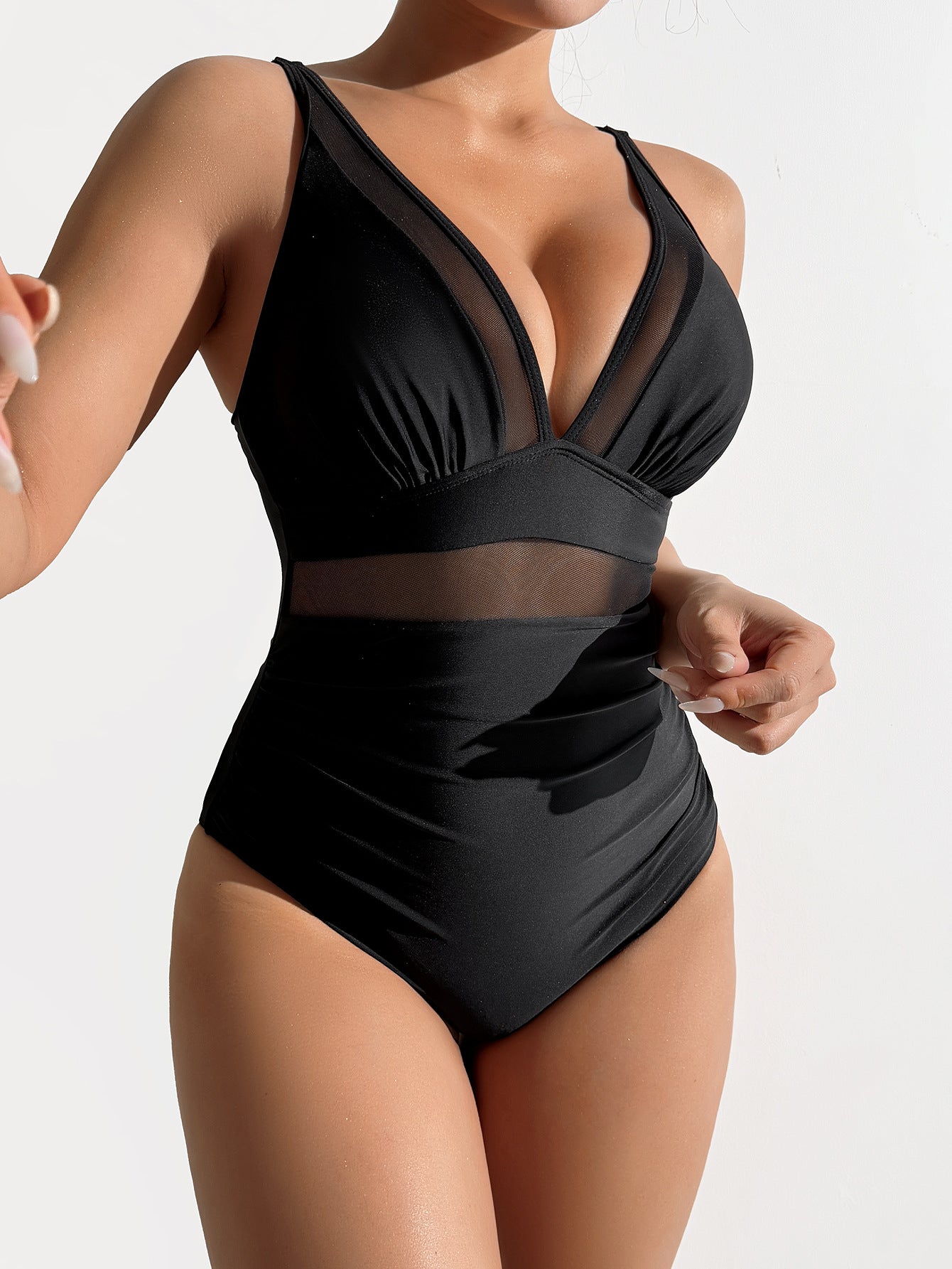 Deep V-mesh splicing one-piece swimsuit
