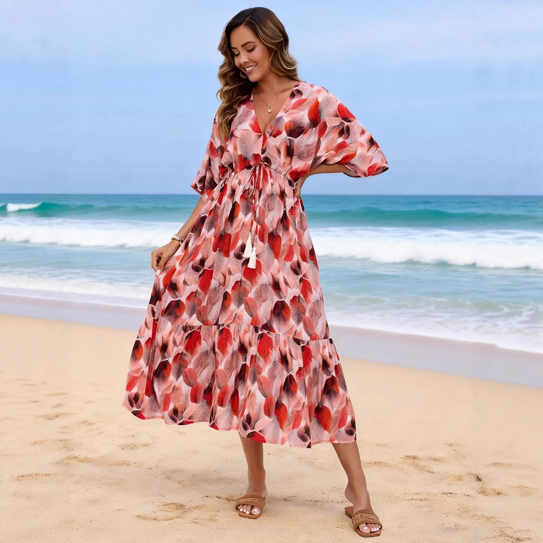 Drawstring waistband tassel mid length dress