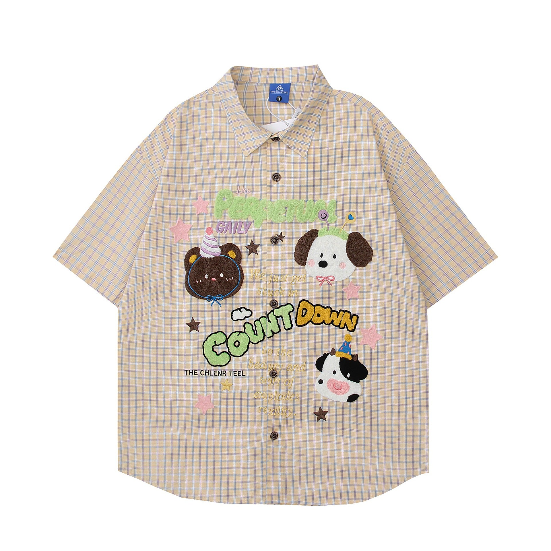 Cartoon animal embroidery short sleeved shirt