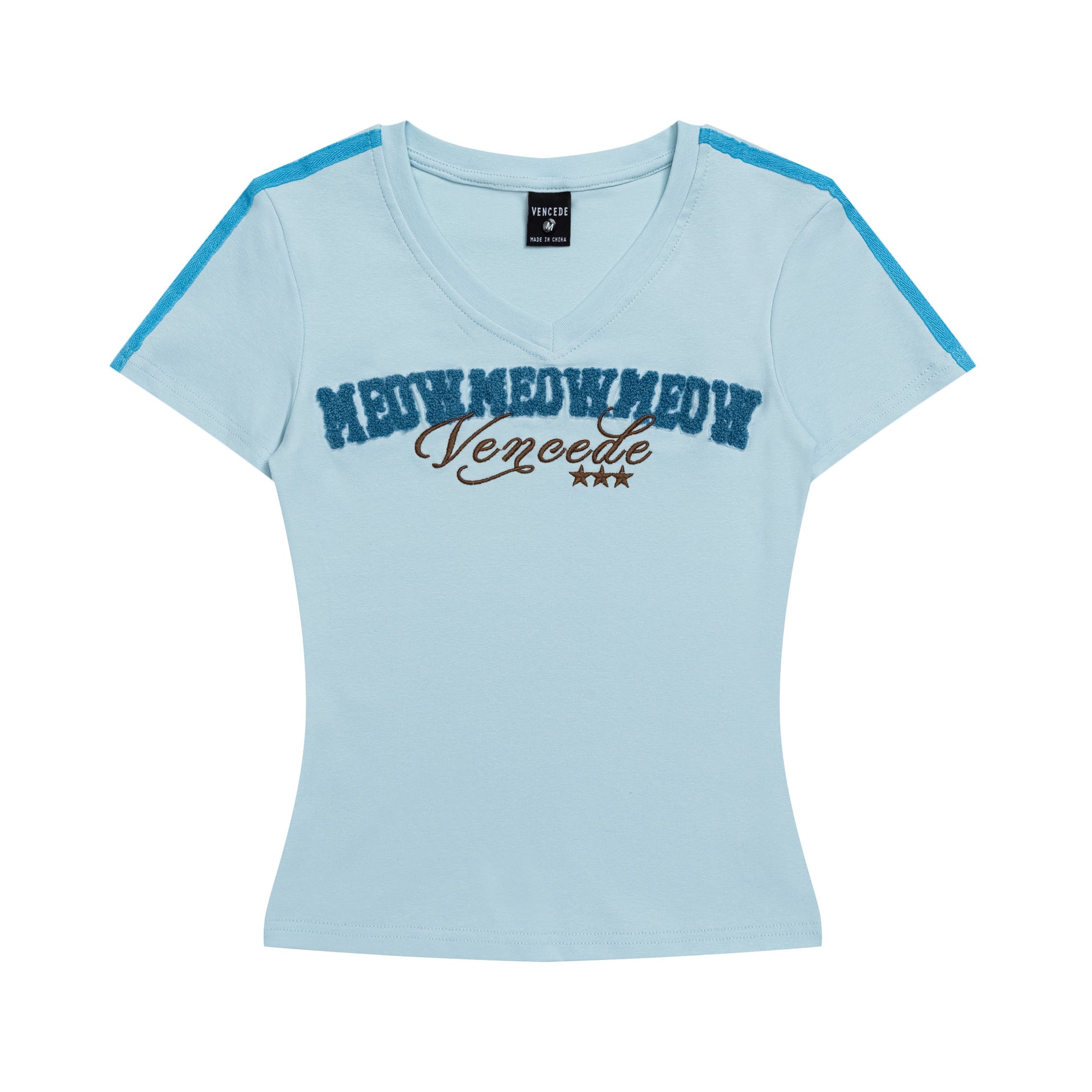 Towel Embroidery Letter V-Neck Short Sleeve T-Shirt for Women