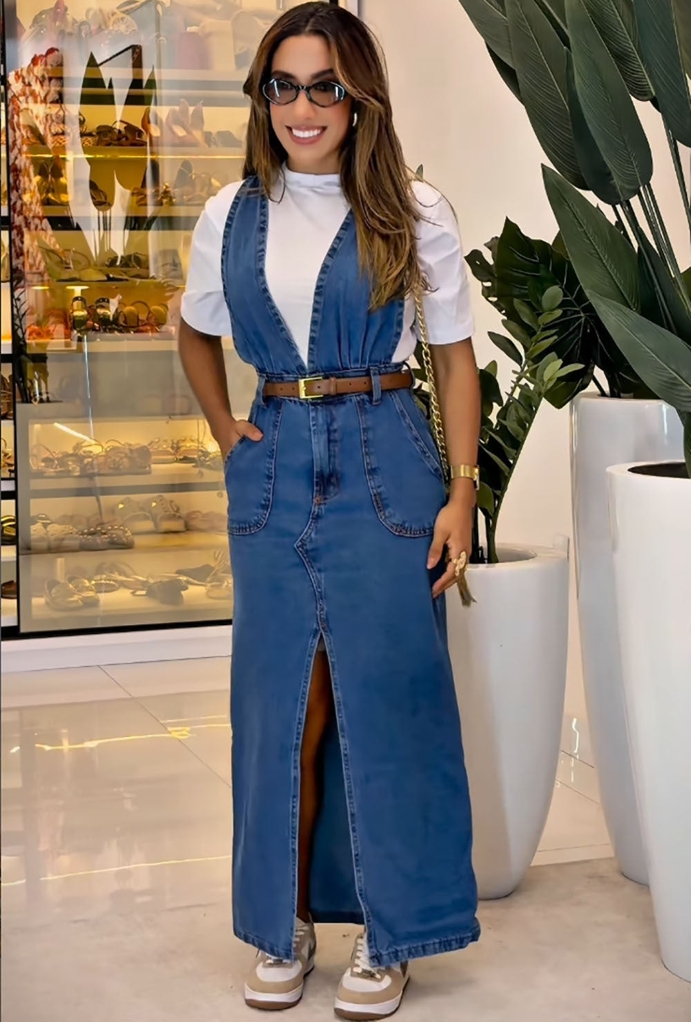 Western-style Women's Denim Jumpsuit Dress Deep V-Neck High-Slit Overall Long Dress