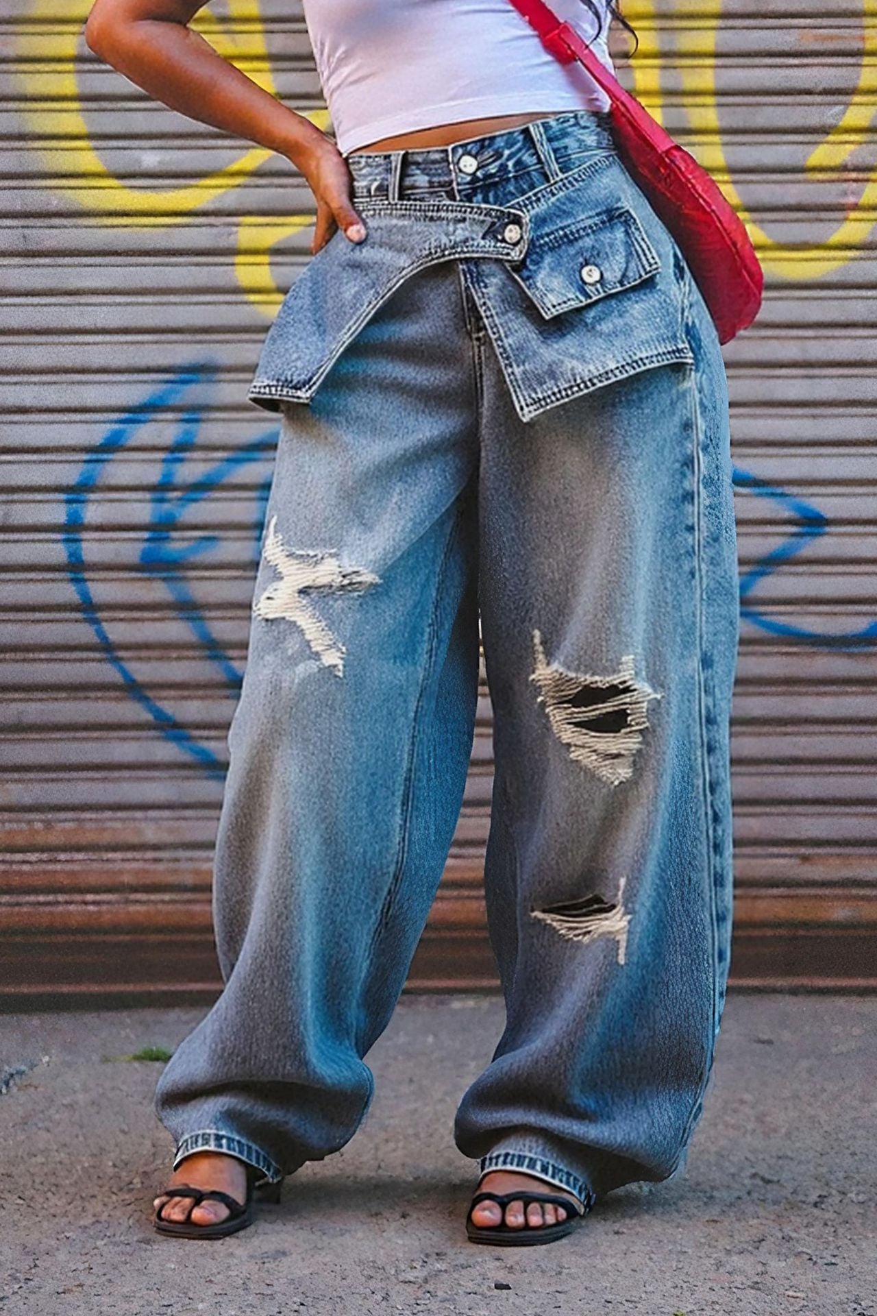 Jean droit superposé déchiré taille originale femme
