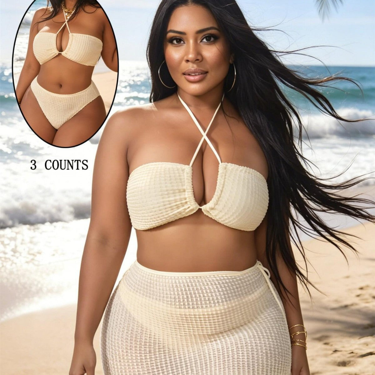 Cross neck sexy split bikini with cover skirt three piece set