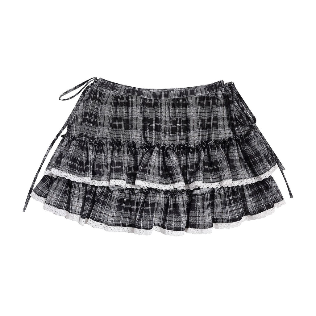 Black and White Checkered Multi-Layer Lace Skirt for Women, Side Tie Slimming Short Skirt