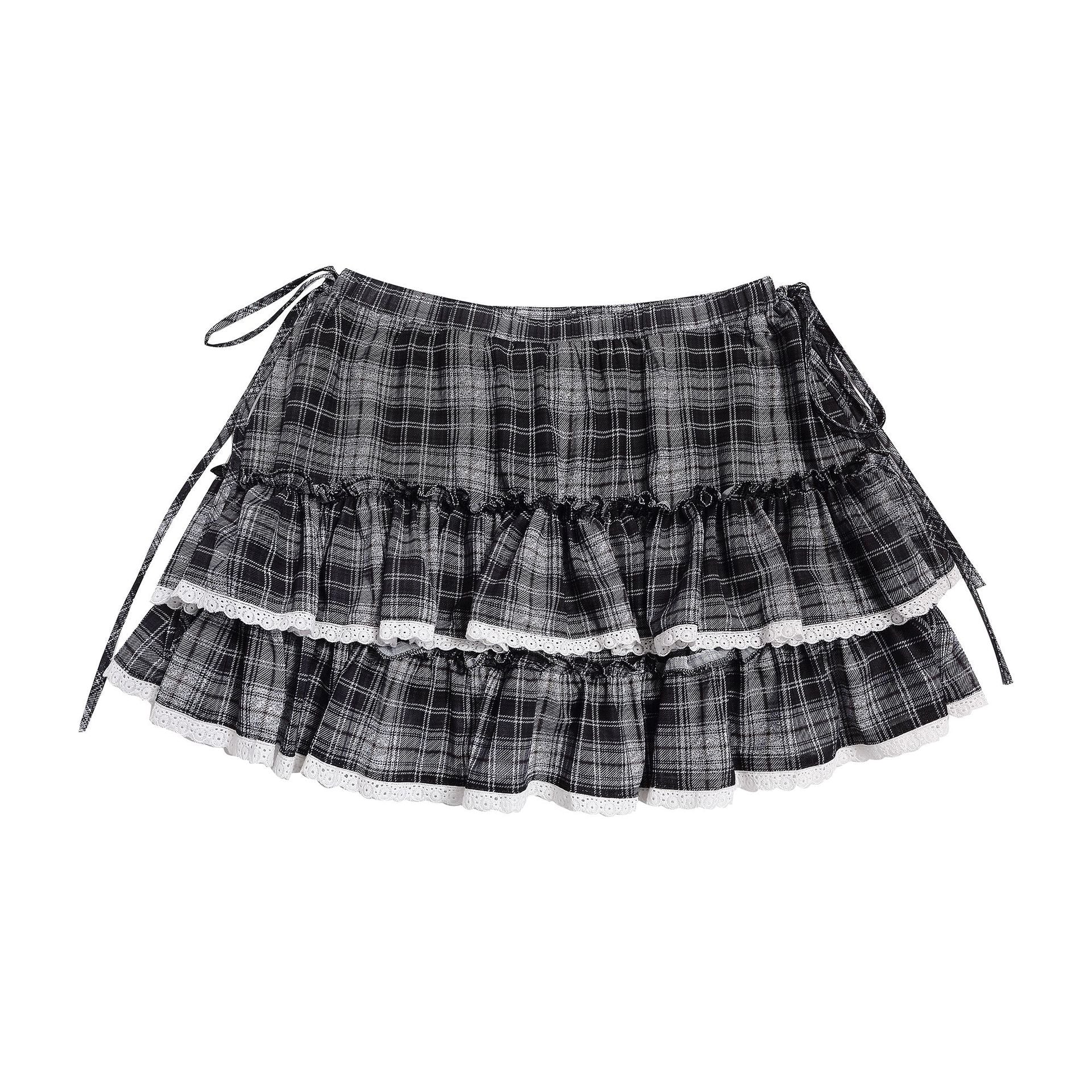 Black and White Checkered Multi-Layer Lace Skirt for Women, Side Tie Slimming Short Skirt