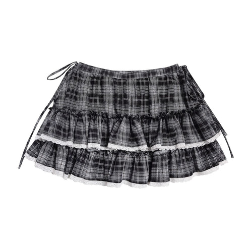 Black and White Checkered Multi-Layer Lace Skirt for Women, Side Tie Slimming Short Skirt