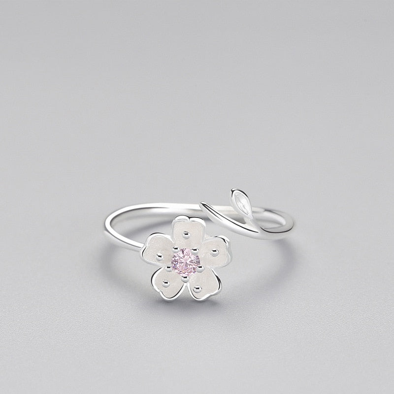 925 Sterling Silver Zircon Enamel Plum Flower Adjustable Ring Elegant Fine Jewelry For Women Romantic Party Bijoux