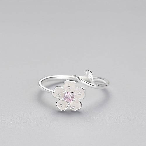 925 Sterling Silver Zircon Enamel Plum Flower Adjustable Ring Elegant Fine Jewelry For Women Romantic Party Bijoux