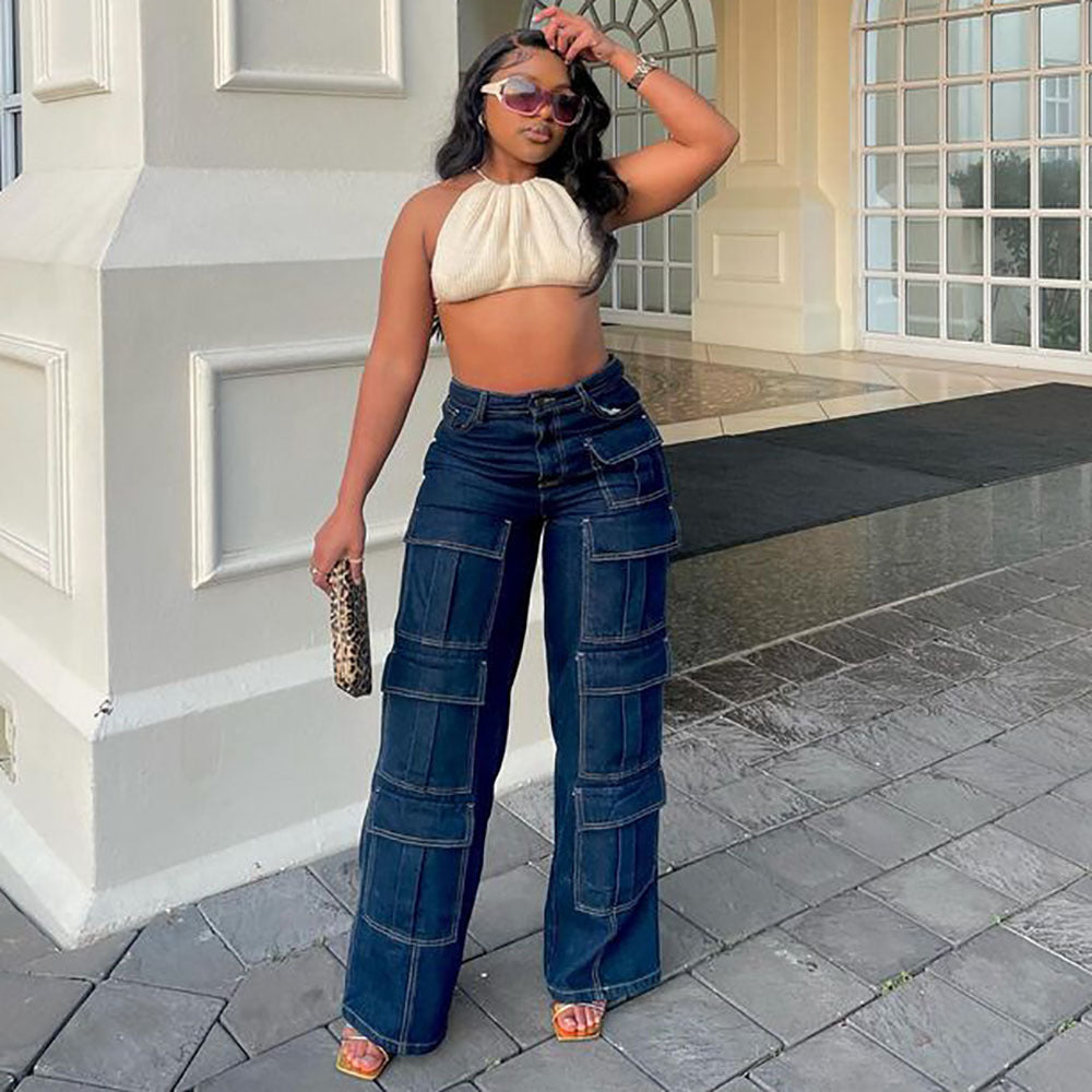 Women's Straight Leg Jeans High-Waisted Cargo Pants with Multiple Pockets and Topstitching Street Fashion Style
