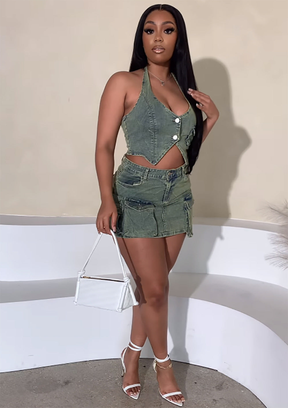 Women's Denim Outfit Set Fashion Vest Top with Multiple Pockets Bodycon Skirt