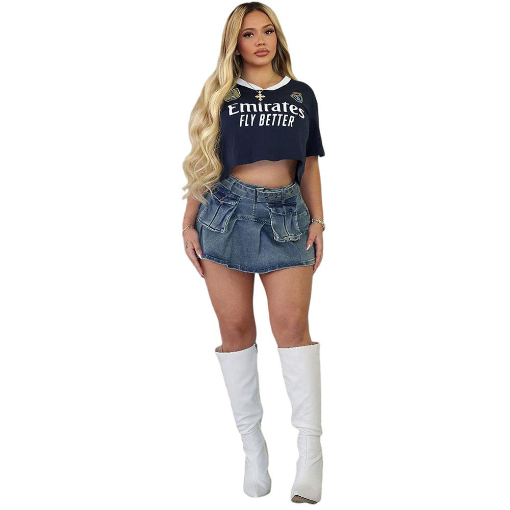 Mini jupe jean taille haute volantée multi-poches femme