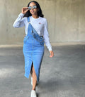 Women's Straight Leg Overalls Dress Street Fashion Large Pocket Slit Denim Skirt