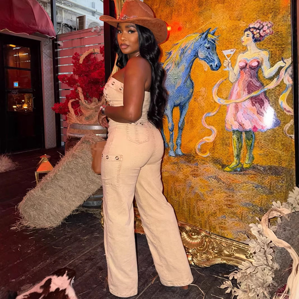 Fashion Women's Strapless Jumpsuit Sexy Side Tie Distressed Denim One-Piece Pants