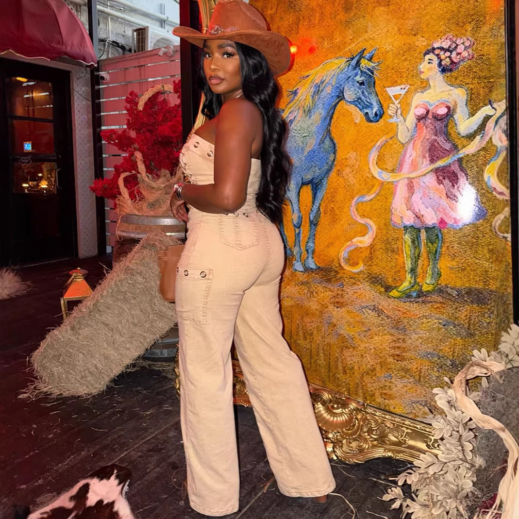 Fashion Women's Strapless Jumpsuit Sexy Side Tie Distressed Denim One-Piece Pants