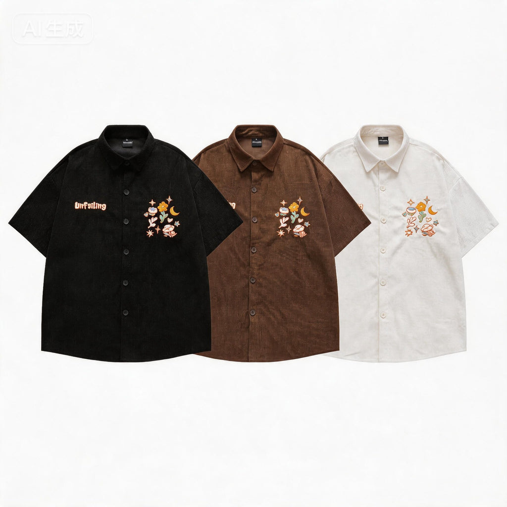 Letter flower embroidery short sleeved shirt
