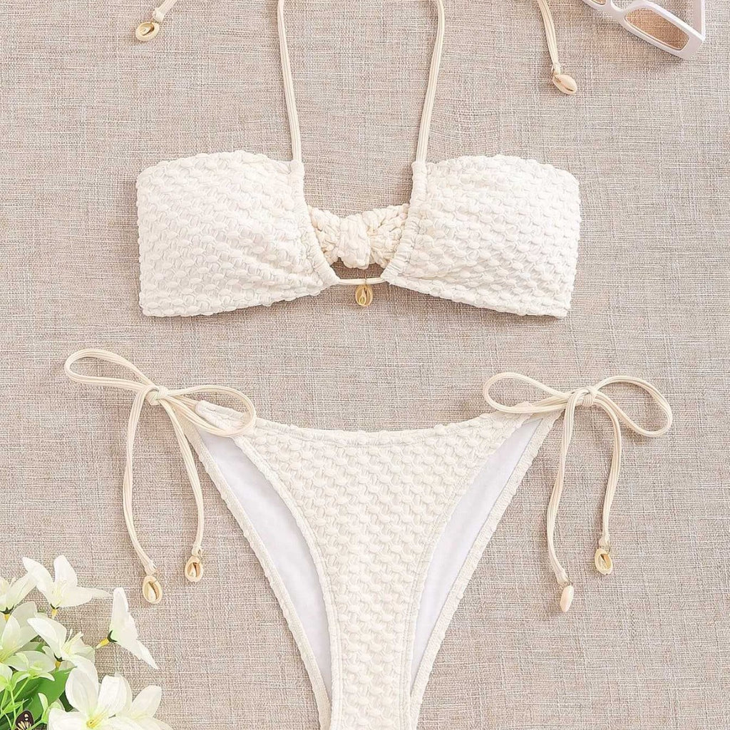 Hanging neck and tie up split swimsuit