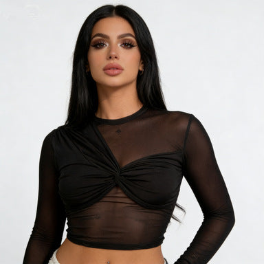 Round neck knot mesh splicing long sleeved top