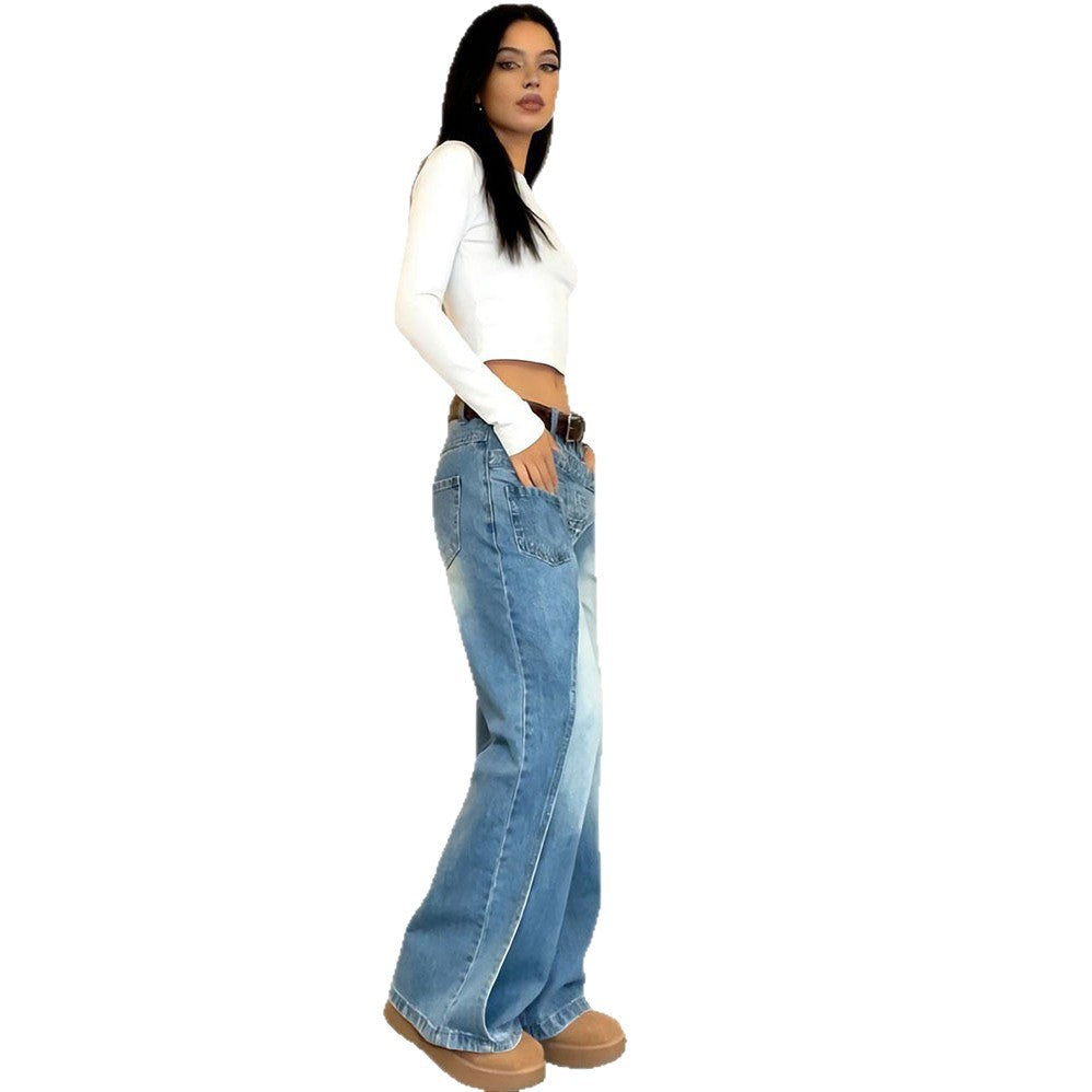 Casual Women's Denim Pants Fashion Washed Asymmetrical Design Straight Leg Jeans